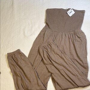 American Eagle Outfitters Tan Strapless Jumpsuit Relaxed Fit